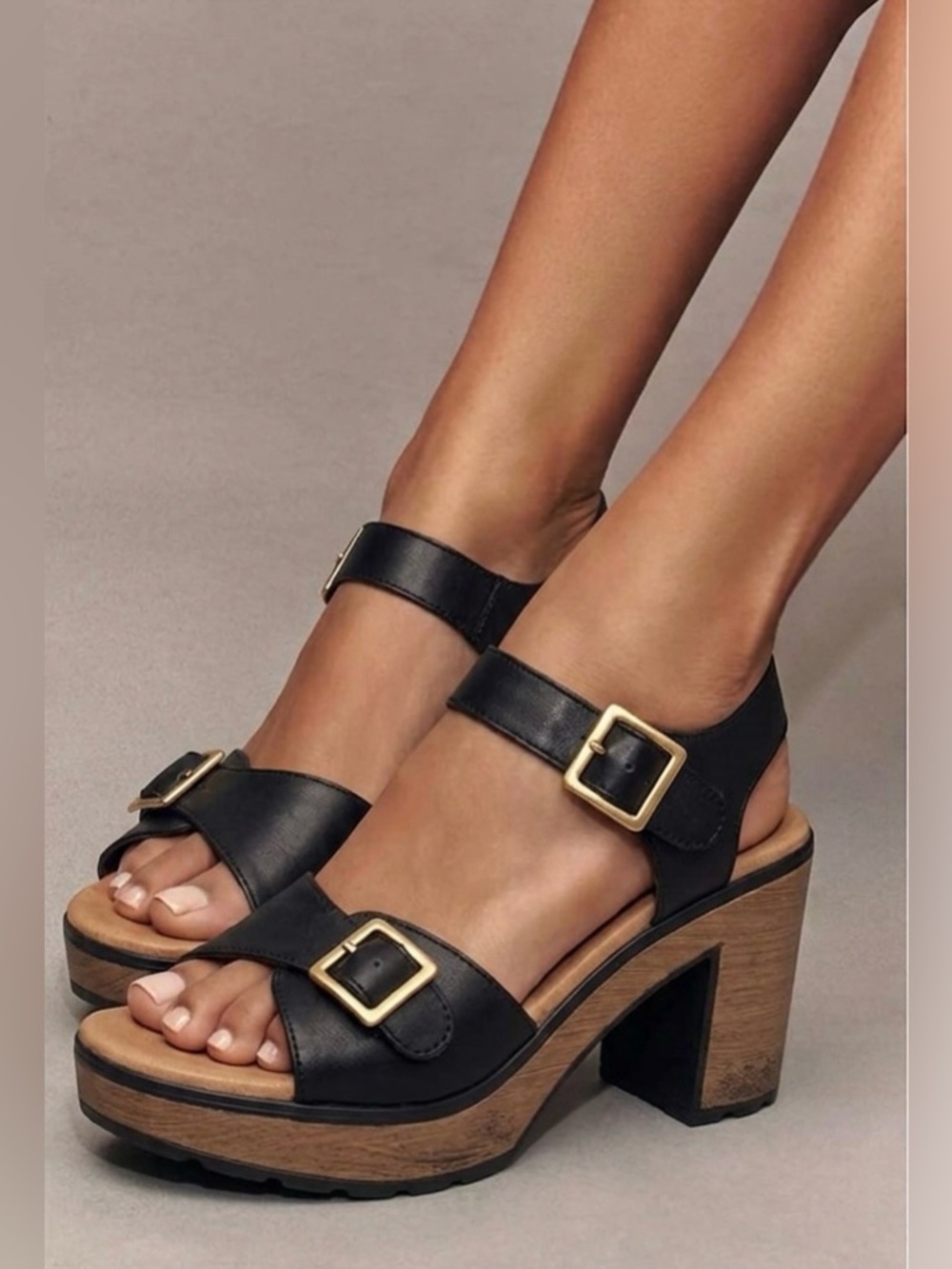 Flexi Black Leather Platform Block Heel Sandals Wood Clog Size 7 Boho Vacation